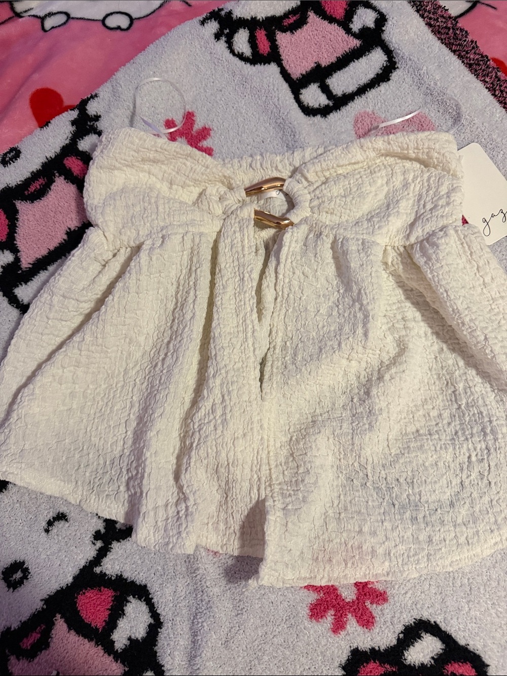Women’s Cream Textured High-Waist Shorts with Ring Accent